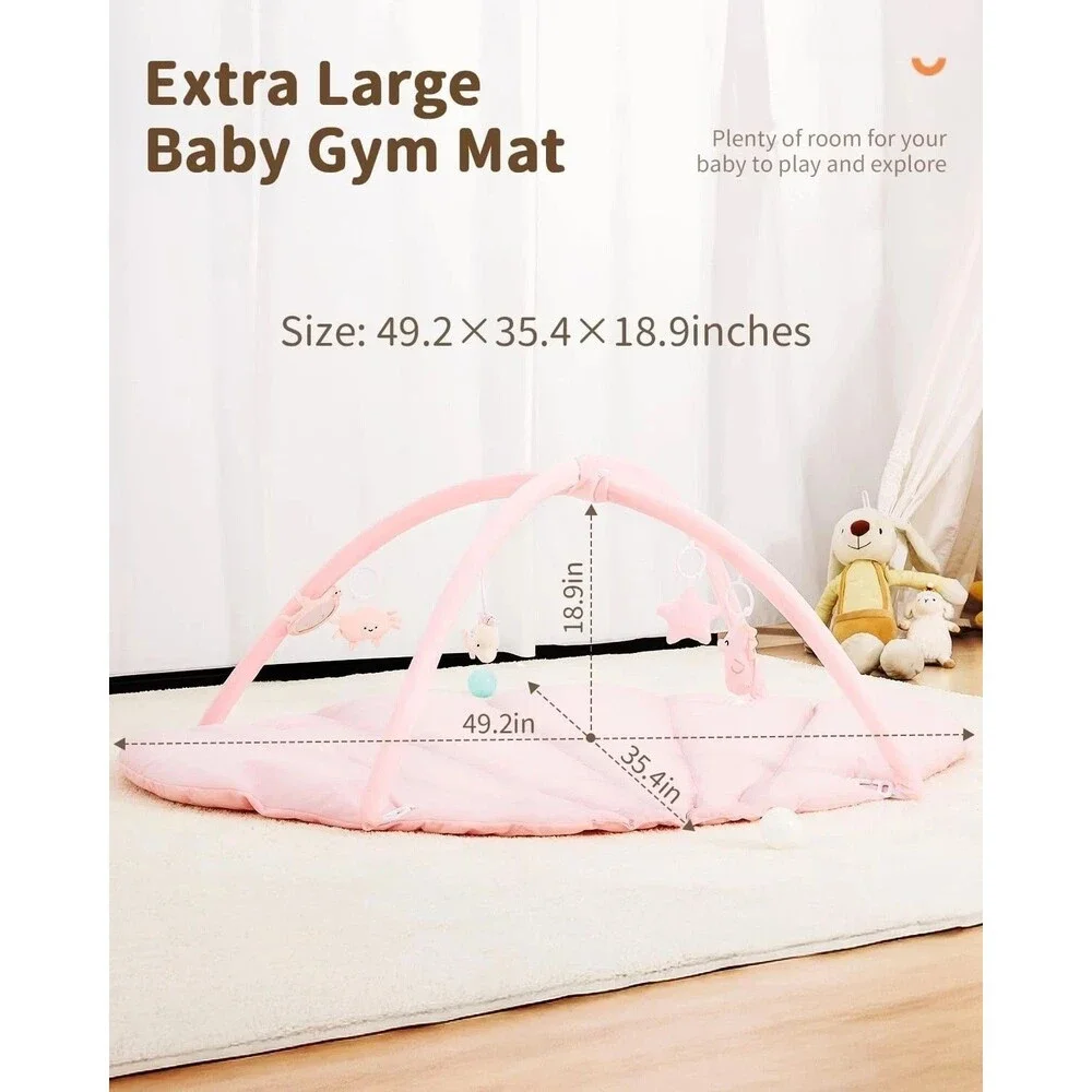 Angelbliss Baby Play Gym Mat Reversible Tummy Time Mat 5 Sensory Toys Girl Pink